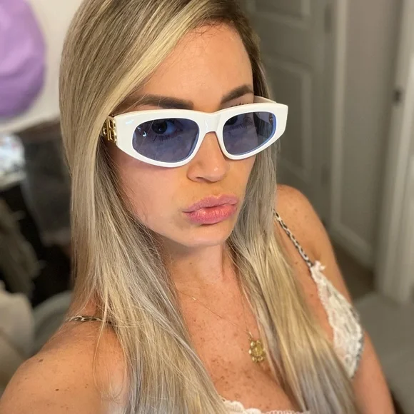 Balenciaga White Sunglasses with Blue Lenses BB0096S Balenciaga Rectangular Sunglasses 025 Blue - eye-oo.com main image 4